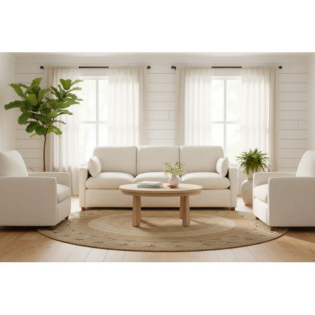 My Cloud Slope Sofa in Dover Linen staged in a bright coastal farmhouse living room