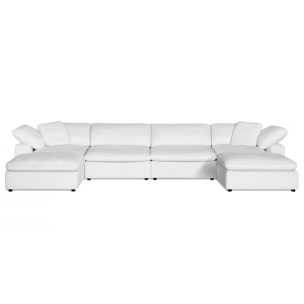 The Peyton 4 Piece Straight + 2 Ottomans is a white sectional sofa with cushioned seats and backrests in an L-shape design, featuring a chaise lounge. Its down and feather cushions add luxury, adaptable to any style with a white background.