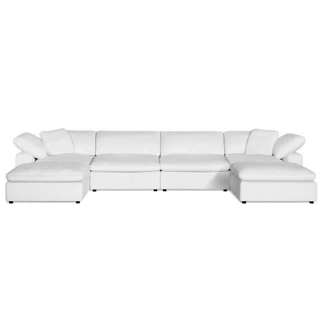 The Peyton 4 Piece Straight + 2 Ottomans is a white sectional sofa with cushioned seats and backrests in an L-shape design, featuring a chaise lounge. Its down and feather cushions add luxury, adaptable to any style with a white background.