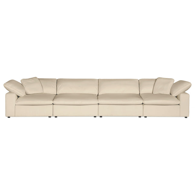 The Peyton 4 Piece Straight is a luxurious beige leather sectional with cushioned armrests, providing a sanctuary of comfort against a pristine white backdrop.