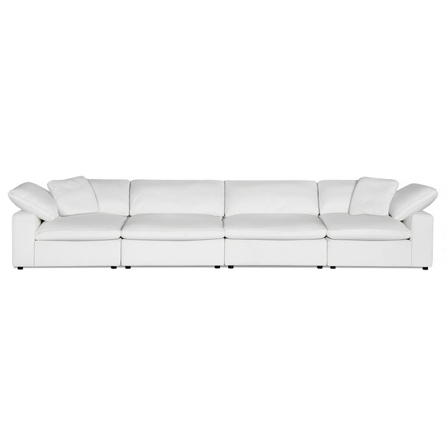 The Peyton 4 Piece Straight offers luxury and adaptability with its soft, cushioned seats and adjustable backrests. Its sleek, contemporary white leather design features small, discreet legs for a floating effect on a plain white background—a true sanctuary of style and comfort.
