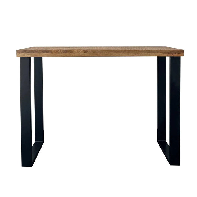 The Mango Console features a textured wooden top made from eco-friendly materials and black metal legs. Its minimalist design with clean, straight lines makes this sturdy rectangular table ideal for dining rooms or offices.