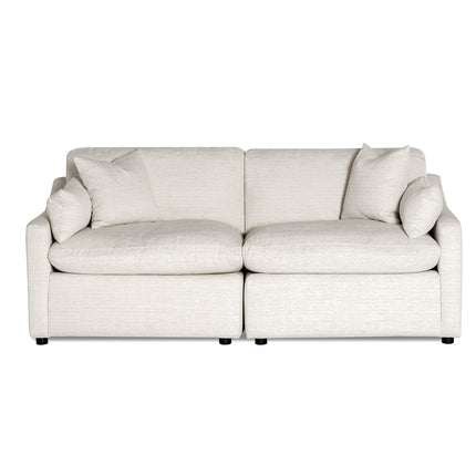 Introducing the My Cloud Slope 2 Piece—a white, modern two-seater with plush cushions and armrests. Its minimalist design, clean lines, and soft fabric texture provide unrivaled comfort and a touch of sophistication to any space.