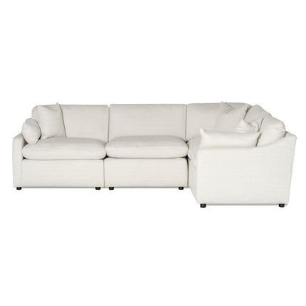Introducing the My Cloud Slope 4 Piece Right L, a white L-shaped sectional with multiple cushions and modern lines. Known as the Worlds Greatest & Most Comfortable Sofa, it sits elegantly on a plain white background for a contemporary flair.