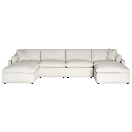 The My Cloud Slope 4 Piece Straight + 2 Ottomans is a large, light beige modular sectional sofa with a soft, plush fabric. It offers three main segments with cushions and a chaise lounge on each end, perfect for creating a cozy living room atmosphere.