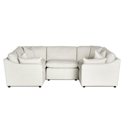 The My Cloud Slope 5 Piece Pit, a beige U-shaped masterpiece with multiple cushions, offers the ultimate comfort. Featuring modern lines and a plush appearance, its perfect for enhancing any spacious living room.