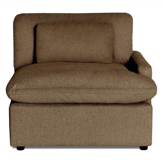 The My Cloud Right Arm is a plush, brown armchair with a boxy design, wide seat, matching cushion, and right-side armrest. It effortlessly blends into any modular seating arrangement with its contemporary style centered on comfort.