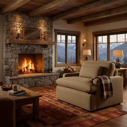 My Cloud Power Recliner in Earth staged in a rustic mountain lodge with stone fireplace