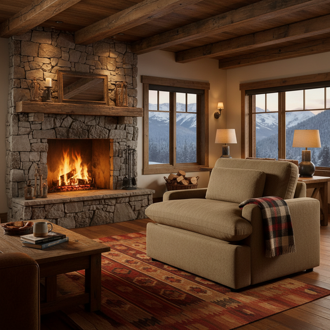 My Cloud Power Recliner in Earth staged in a rustic mountain lodge with stone fireplace