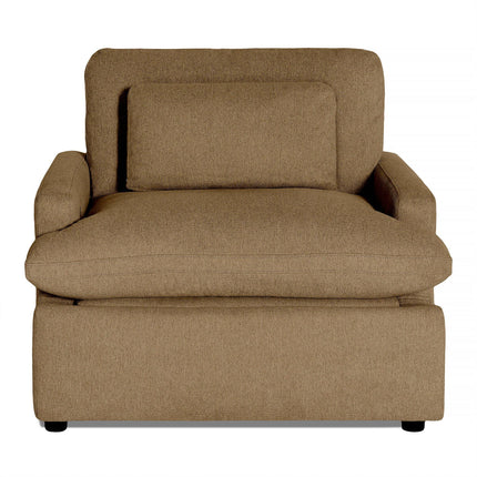 Introducing the My Cloud Power Recliner, a spacious armchair with brown fabric upholstery and a matching backrest cushion, offering cozy seating. Customize your piece with a range of options and enjoy easy maintenance thanks to machine-washable covers.