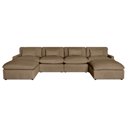 The My Cloud 4 Piece Straight + 2 Ottomans is a spacious beige modular sectional with five seat and back cushions, featuring two end chaise lounges for flexible seating. Its soft, plush fabric ensures comfort for all users.