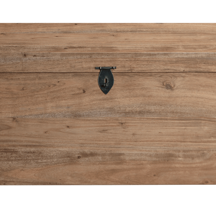 The Rustic Wooden Chest is a rectangular wooden chest featuring a natural finish and horizontal wood grain. It includes a flat lid secured by a simple black metal latch, combining sturdiness with utility, making it ideal for storage.