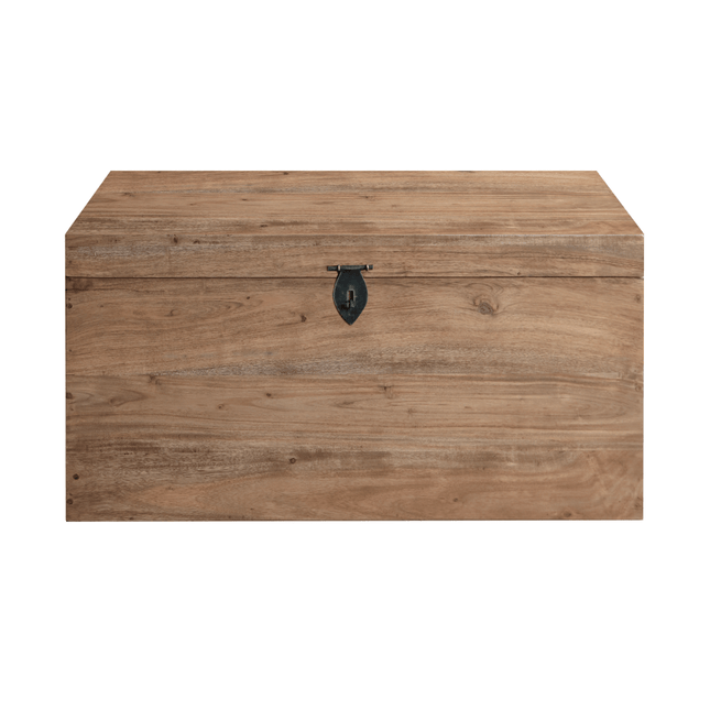 The Rustic Wooden Chest is a rectangular wooden chest featuring a natural finish and horizontal wood grain. It includes a flat lid secured by a simple black metal latch, combining sturdiness with utility, making it ideal for storage.