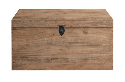 The Rustic Wooden Chest is a rectangular wooden chest featuring a natural finish and horizontal wood grain. It includes a flat lid secured by a simple black metal latch, combining sturdiness with utility, making it ideal for storage.