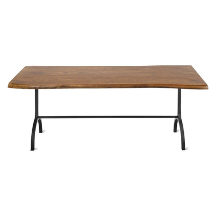 The Live Edge Foundry Dining Table combines a natural, live-edge top displaying visible wood grain with minimalist curved metal legs, creating a modern rustic charm.