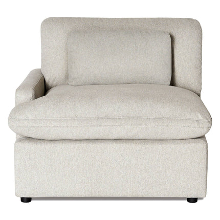 The My Cloud Left Arm is a modular light gray upholstered armchair featuring a square seat cushion and matching rectangular back cushion. With an armrest on the left, its minimalist design with short black legs complements any modern decor.