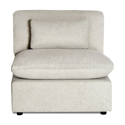 The My Cloud Armless is a modern, light gray upholstered sectional chair with a cushioned seat and backrest. It features a centered rectangular cushion and small, subtle legs, making it an ideal minimalist modular component for any living space.