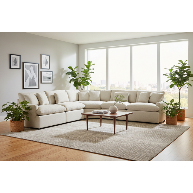 My Cloud 5 Piece Pit sectional in Greige styled in a bright modern living room