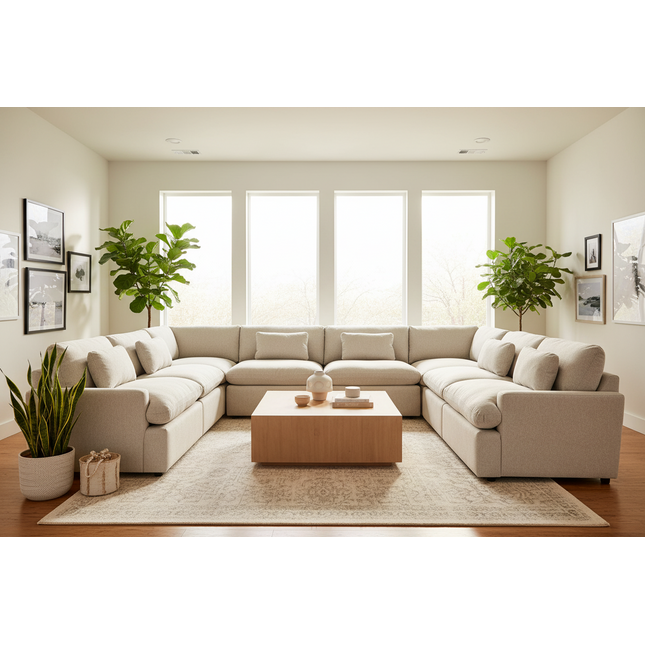 My Cloud 8 Piece Pit sectional in Greige styled in a bright spacious modern living room