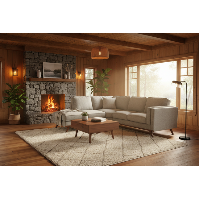 Greige Maddox L-sectional in a warm rustic lodge cabin living room