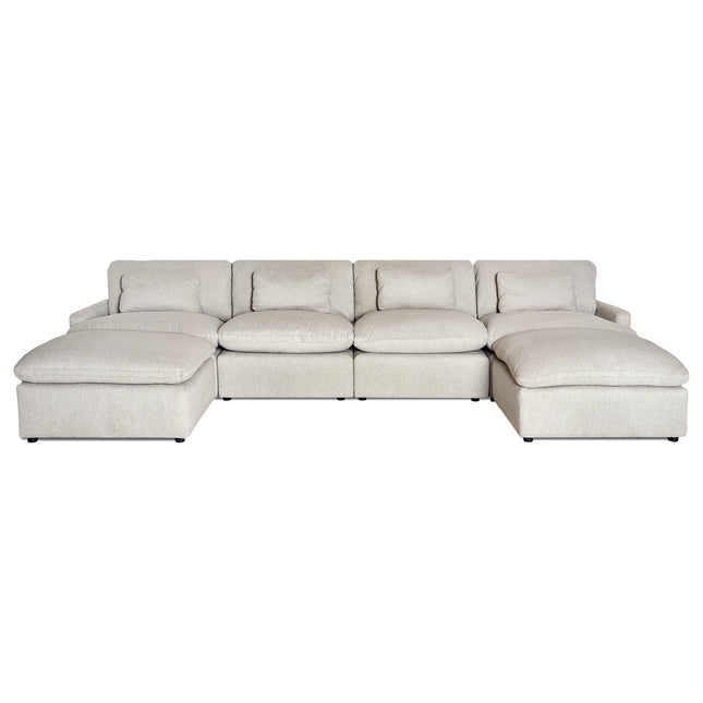 The My Cloud 4 Piece Straight + 2 Ottomans features a spacious U-shaped design with light beige, machine-washable fabric. It offers cushioned backrests and seats, complemented by throw pillows. Its modular design allows flexible arrangement, ensuring a comfortable fit for any living space.