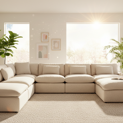 My Cloud 4 Piece Straight + 2 Ottomans U-pit sectional in Greige styled in a bright modern living room