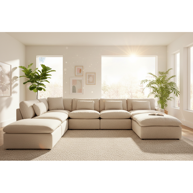 My Cloud 4 Piece Straight + 2 Ottomans U-pit sectional in Greige styled in a bright modern living room
