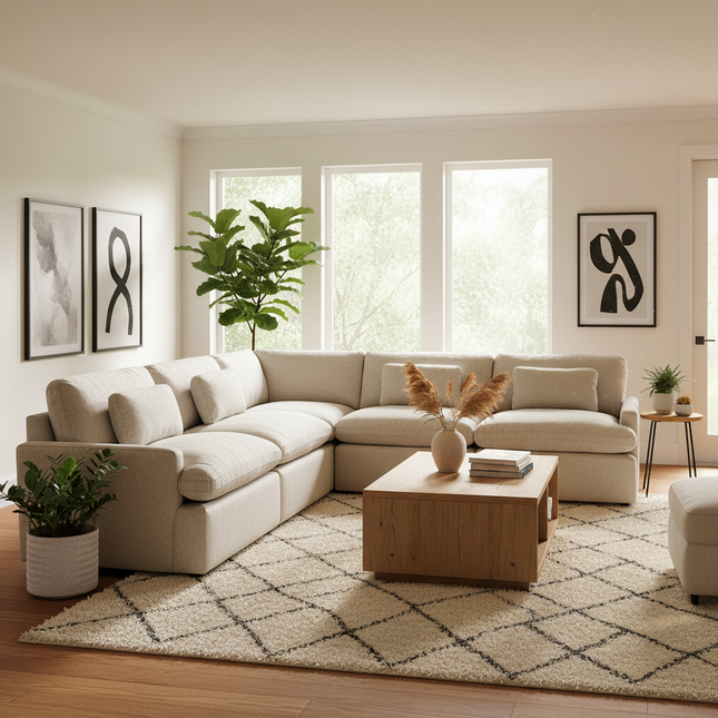 My Cloud 5 Piece L sectional in Greige styled in a bright modern living room