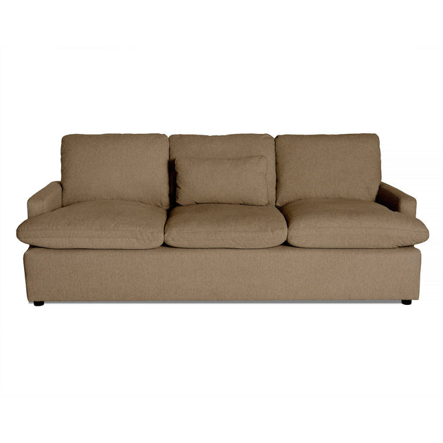 The My Cloud Sofa is a brown, plush three-seater with a simple modern design, featuring thick armrests and small dark legs for a cozy and stylish seating option.