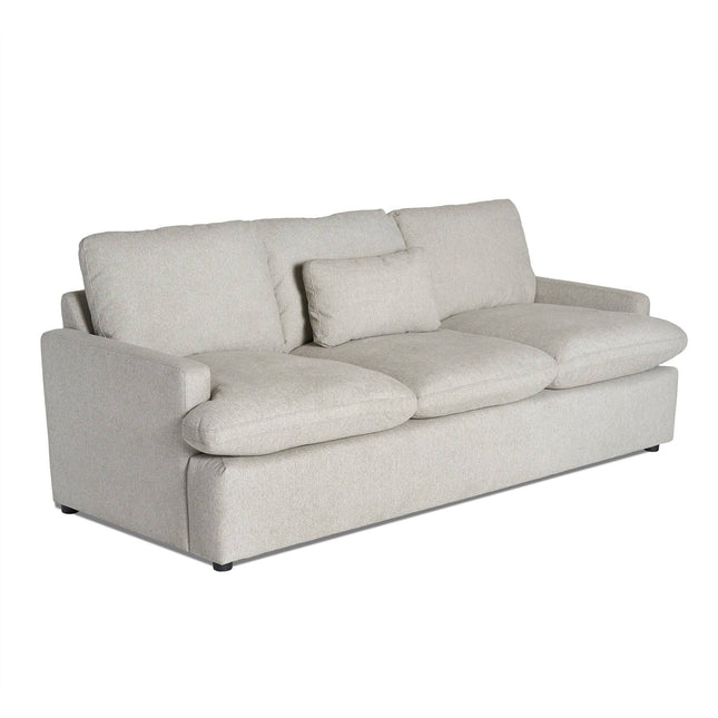 Introducing the My Cloud Sofa: a three-seater light gray marvel with plush cushions and a sleek rectangular design. This comfortable piece features three seat cushions, three back cushions, and two armrests for a modern touch of luxury.
