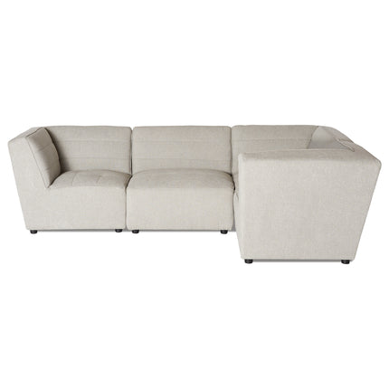 The Millenium 4 Piece Right L sectional sofa provides ultra-plush comfort in a light gray L-shape. It has three deep seats with padded backs, exuding modern luxury. Positioned on a white background, its clean lines are accented by small black feet.