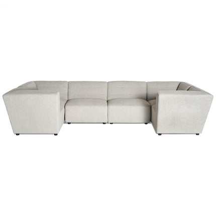 The Millenium 6 Piece Pit is a beige modular sectional sofa with five seats in an L-shaped configuration. This modern luxury design includes straight lines, full back support, and ultra-plush cushions, perfect for a contemporary living space.