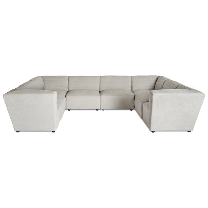 The Millenium 8 Piece Pit is a large, light gray L-shaped modular sectional sofa offering ultra-plush comfort with cushioned seats and backrests. Its modern design features clean lines and small black legs.