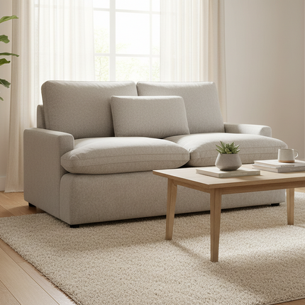 My Cloud Loveseat in Greige staged in a cozy sunlit Scandinavian living room
