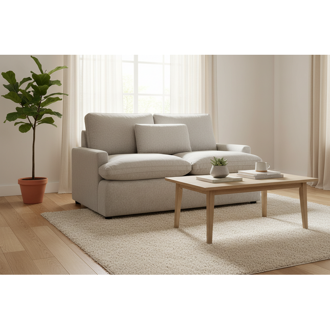 My Cloud Loveseat in Greige staged in a cozy sunlit Scandinavian living room