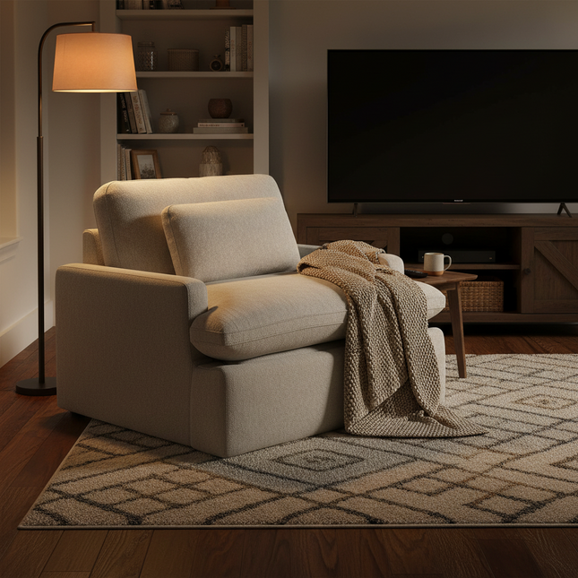 My Cloud Power Recliner in Greige staged in a cozy movie-night den