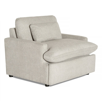 The My Cloud Power Recliner is a modern gray armchair featuring plush cushions and a minimalist design. Its boxy shape, single back cushion, sleek armrests, and small black feet promise both style and relaxation.