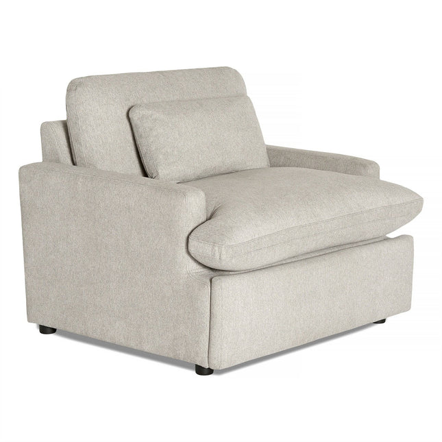 The My Cloud Power Recliner is a modern gray armchair featuring plush cushions and a minimalist design. Its boxy shape, single back cushion, sleek armrests, and small black feet promise both style and relaxation.