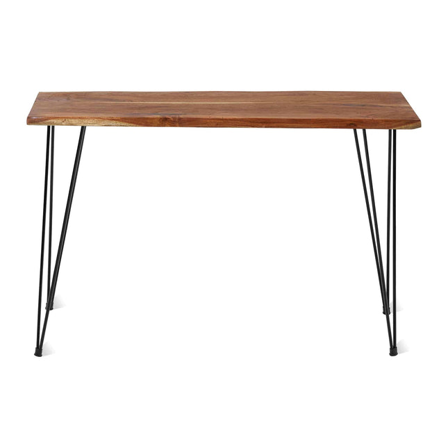 The Live Edge Hairpin Console features a handcrafted, rectangular wooden top with natural grain and warm tones, supported by four slender black metal hairpin legs for a minimalist design.