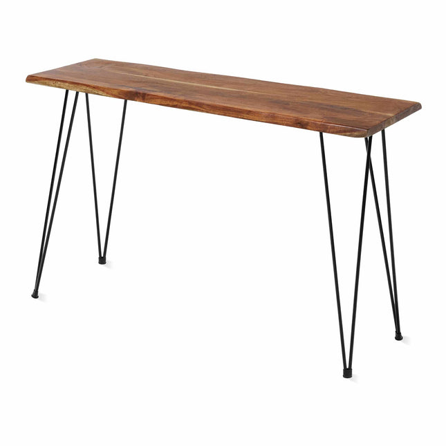 The Live Edge Hairpin Console is a handcrafted minimalist wooden table featuring a smooth rectangular top with a natural wood grain finish and four black metal hairpin legs, blending rustic and modern styles.