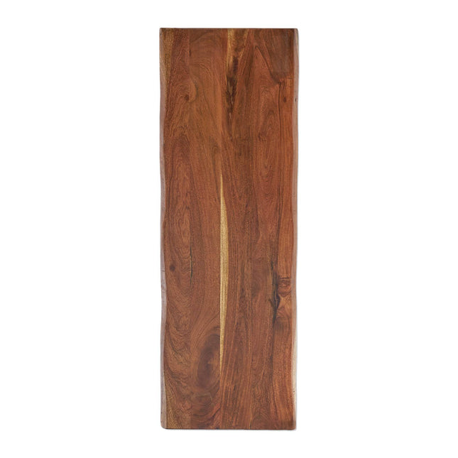 The Live Edge Hairpin Console is a rectangular, handcrafted wooden piece showcasing a rich wood grain with natural brown shades. It features slightly rounded edges and a smooth finish, highlighting the woods texture and color variations.