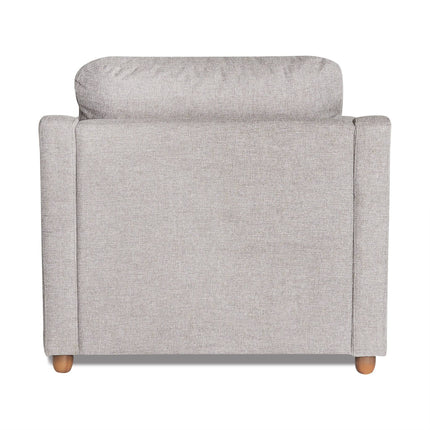 The image shows the back of the My Cloud Slope Chair, a light gray upholstered armchair with wooden legs. Set against a white background, its textured fabric, cushioned backrest, and armrests reflect customizable furniture design and offer an inviting comfort.