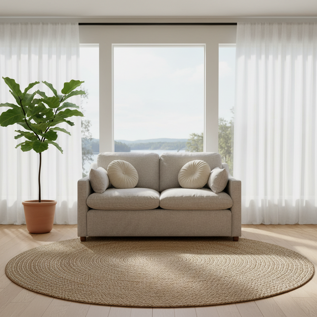 My Cloud Slope Loveseat in Ivory Greige staged in a bright lake-view living room