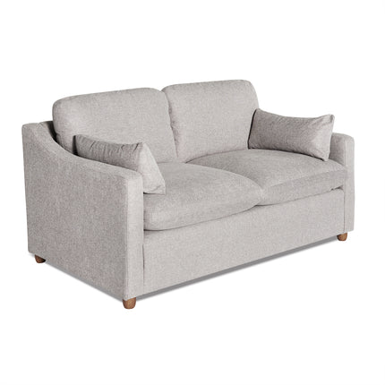 The My Cloud Slope Loveseat is a sleek modern gray two-seater sofa with plush cushions and wooden legs on a white background. It offers customizable options, featuring two large back cushions and two smaller side pillows for extra comfort.