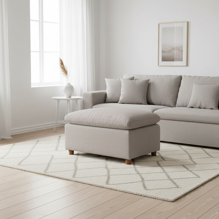 My Cloud Slope 30 inch Ottoman in Ivory Greige staged in a bright scandinavian living room