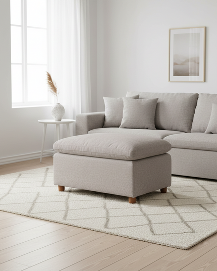 My Cloud Slope 30 inch Ottoman in Ivory Greige staged in a bright scandinavian living room