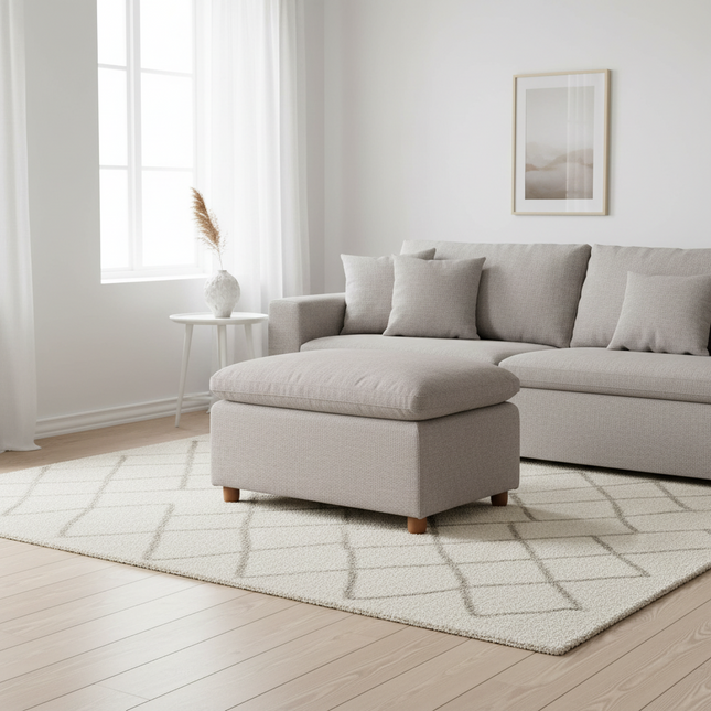 My Cloud Slope 30 inch Ottoman in Ivory Greige staged in a bright scandinavian living room