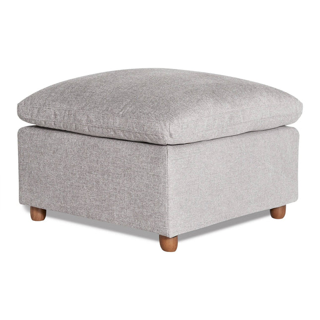 The My Cloud Slope 30 Ottoman, featuring a square design in light gray fabric with a cushioned top and wooden legs, offers comfortable furniture. Its simple, modern style is ideal for living room decor.