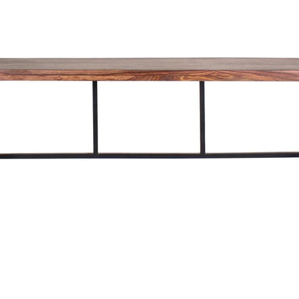 The Rosewood Console is an eco-friendly desk featuring a rectangular top with a natural wood grain finish and a black metal frame. Its straight-line leg structure offers a modern, minimalist look.