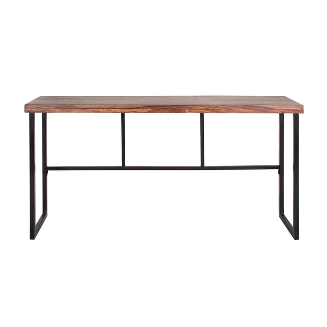 The Rosewood Console is an eco-friendly desk featuring a rectangular top with a natural wood grain finish and a black metal frame. Its straight-line leg structure offers a modern, minimalist look.